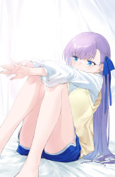 Rule 34 | 1girl, blue eyes, blue ribbon, blue shorts, blush, breasts, casual, coffeekite, dolphin shorts, fate/extra, fate/extra ccc, fate/grand order, fate (series), hair ribbon, highres, knees up, long hair, long sleeves, meltryllis (fate), purple hair, ribbon, shirt, short shorts, shorts, sitting, small breasts, solo, very long hair, vest, white shirt, yellow vest