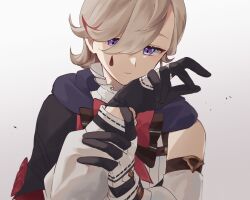 Rule 34 | 1boy, bishounen, black gloves, bow, closed mouth, detached sleeves, genshin impact, gloves, grey hair, highres, lyney (genshin impact), male focus, nekorin chu, purple eyes, red bow, simple background, solo, teardrop tattoo, upper body, white background