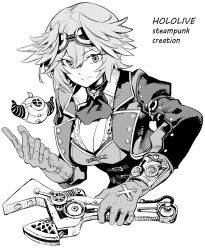 Rule 34 | 1girl, ascot, breasts, cleavage, closed mouth, english text, gloves, goggles, goggles on head, greyscale, hair between eyes, head wings, highres, holding, holding wrench, hololive, jacket, kurose kousuke, la+ darknesss, large breasts, long sleeves, monochrome, open clothes, open jacket, short hair, simple background, smile, solo, takane lui, virtual youtuber, white background, wings, wrench