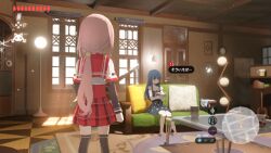 Rule 34 | 2girls, black dress, black sleeves, black thighhighs, blue eyes, blue hair, book, carpet, chair, commentary request, couch, cup, day, door, dress, facing away, fake screenshot, from behind, gameplay mechanics, heads-up display, health bar, holding, holding book, indoors, kamihama university affiliated school uniform, lamp, layered sleeves, long hair, long sleeves, magia record: mahou shoujo madoka magica gaiden, mahou shoujo madoka magica, mikazuki villa (magia record), minimap, mug, multiple girls, nanami yachiyo, nintendo, on couch, parody, pillow, pink hair, plaid, plaid skirt, red sailor collar, red skirt, sailor collar, samidare (hoshi), school uniform, shirt, short over long sleeves, short sleeves, sitting, skirt, soul gem, standing, table, tamaki iroha, the legend of zelda, the legend of zelda: breath of the wild, thighhighs, translation request, user interface, white shirt, window