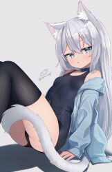 Rule 34 | 1girl, animal collar, animal ear fluff, animal ears, arm support, black one-piece swimsuit, black thighhighs, blue collar, blue jacket, blush, breasts, cat ears, cat girl, cat tail, collar, double-parted bangs, green eyes, grey hair, hair between eyes, highres, jacket, long hair, off shoulder, one-piece swimsuit, original, reclining, school swimsuit, sese nagi, small breasts, solo, swimsuit, tail, thighhighs, thighs