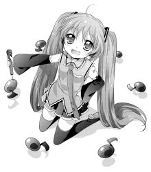 Rule 34 | blush, detached sleeves, flat chest, greyscale, happy, hatsune miku, kneeling, long hair, microphone, monochrome, musical note, namori, necktie, skirt, solo, thighhighs, twintails, very long hair, vocaloid