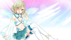 Rule 34 | 1girl, :d, ahoge, anklet, breasts, cleavage, crossed legs, detached sleeves, frilled skirt, frills, green skirt, hair ornament, hair over one eye, highres, invisible chair, jewelry, looking at viewer, medium breasts, midriff, miniskirt, navel, open mouth, pure song garden!, red eyes, see-through, short hair, sideboob, sitting, skirt, small breasts, smile, solo, stomach, suzu (pure song garden!), thighhighs, v, white thighhighs, wings