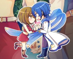 Rule 34 | 1boy, 1girl, akiyoshi (tama-pete), belt, blue eyes, blue hair, blush, boots, breasts, brown eyes, brown hair, bush, chibi, headphones, hetero, holding hands, jacket, kaito (vocaloid), long coat, looking at another, meiko (vocaloid), navel, open mouth, outline, scarf, short hair, skirt, smile, vocaloid