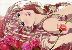 Rule 34 | 1girl, absurdres, blonde hair, blue eyes, earrings, flower, highres, huge filesize, incredibly absurdres, jewelry, lips, lipstick, long hair, looking at viewer, lying, macross, macross frontier, makeup, marufuji hirotaka, nail polish, official art, on back, parted lips, red rose, rose, scan, sheryl nome, single earring, solo