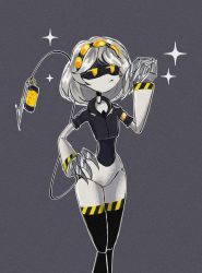 Rule 34 | 1girl, absurdres, claws, coat, colored skin, female focus, glitch productions, grey skin, highres, mecha girl, mechanical tail, murder drones, robot girl, shiny skin, short hair, smile, tail, thighhighs, v (murder drones), yellow eyes