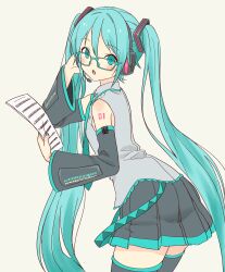 Rule 34 | 1girl, black skirt, black thighhighs, blue eyes, blue hair, blue necktie, daipunch, detached sleeves, glasses, hair between eyes, hair ornament, hatsune miku, headset, highres, holding, holding paper, leaning forward, light blush, long hair, long sleeves, looking at viewer, looking back, microphone, necktie, open mouth, paper, pleated skirt, simple background, skirt, solo, thighhighs, twintails, very long hair, vocaloid