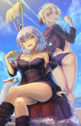 Rule 34 | 2girls, artoria pendragon (alter swimsuit rider) (fate), artoria pendragon (alter swimsuit rider) (second ascension) (fate), artoria pendragon (fate), ass, back, bare shoulders, beach, bikini, breasts, cleavage, cloud, collarbone, commentary, cup, day, disposable cup, dog, drinking straw, eating, english commentary, fate/grand order, fate (series), food, freeze-ex, hair between eyes, holding, jacket, jeanne d&#039;arc (fate), jeanne d&#039;arc alter (fate), jeanne d&#039;arc alter (ver. shinjuku 1999) (fate), jewelry, large breasts, long hair, looking at viewer, maid, maid headdress, mop, multiple girls, necklace, official alternate costume, open mouth, outdoors, popsicle, short hair, sitting, sky, standing, sunglasses, swimsuit, teeth, tongue, water, yellow eyes