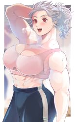 Rule 34 | 1girl, abs, absurdres, bare arms, blush, bra, breasts, breath, dorohedoro, earrings, formal, highres, jewelry, large breasts, long hair, looking at viewer, muscular, muscular female, navel, noi (dorohedoro), open mouth, ponytail, red eyes, simple background, smile, solo, sports bra, sweat, underwear, white hair, youto