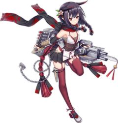 Rule 34 | 1girl, :|, anchor, anklet, azur lane, bare shoulders, black hair, black scarf, black skirt, braid, breasts, bridal gauntlets, chain, cherry blossoms, closed mouth, eyebrows, facing away, flower, full body, garter straps, hair flower, hair ornament, hair ribbon, haluka (aixioo), hip vent, holding, holding weapon, horns, japanese clothes, jewelry, kunai, kuroshio (azur lane), leaf, leg up, long hair, machinery, miniskirt, obi, official art, oni horns, panties, pleated skirt, pointy ears, red eyes, red ribbon, red thighhighs, ribbon, rudder footwear, sash, scarf, shoes, side-tie panties, skirt, small breasts, solo, standing, standing on one leg, tachi-e, thigh strap, thighhighs, torpedo, torpedo tubes, transparent background, tsurime, turret, twin braids, underwear, weapon, white footwear, white panties, white ribbon, zettai ryouiki