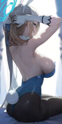 Rule 34 | 1girl, absurdres, adjusting hair, animal ears, armpits, ass, asuna (blue archive), asuna (bunny) (blue archive), blue archive, blue eyes, blue halo, blue leotard, blurry, blurry background, breasts, bubble99, commentary, elbow gloves, fake animal ears, fake tail, gloves, halo, highres, large breasts, leotard, light brown hair, long hair, looking at viewer, pantyhose, rabbit ears, rabbit tail, sideboob, sitting, solo, sweat, tail, thighband pantyhose, white gloves