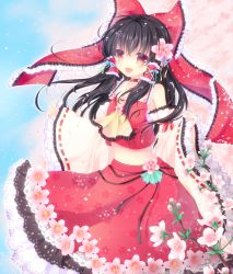 Rule 34 | 1girl, album cover, ascot, bad id, bad pixiv id, black hair, bow, brown eyes, cherry blossoms, cover, detached sleeves, embellished costume, female focus, flower, frills, hair bow, hair ornament, hair ribbon, hair tubes, hakurei reimu, highres, japanese clothes, midriff, mikazuki sara, miko, navel, open mouth, red eyes, ribbon, sarashi, shirt, skirt, skirt set, solo, too many, touhou
