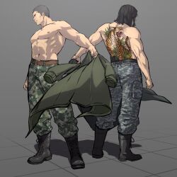 Rule 34 | 2boys, abs, back-to-back, back tattoo, bara, boots, buzz cut, camouflage, camouflage pants, contrapposto, crossed arms, from side, full body, grey hair, highres, irezumi, large pectorals, male focus, mature male, multiple boys, muscular, muscular male, nipples, pants, pectorals, ryuu ga gotoku (series), ryuu ga gotoku 4, ryuu ga gotoku 5, saejima taiga, serious, short hair, sideburns, standing, strongman waist, tattoo, thick eyebrows, touya 65, undressing, very short hair