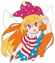Rule 34 | 1girl, :d, american flag legwear, american flag shirt, blonde hair, bright pupils, clownpiece, cropped legs, fairy wings, fang, hair between eyes, hat, holding, holding torch, ini (inunabe00), jester cap, long hair, looking at viewer, neck ruff, open mouth, pantyhose, pink eyes, pink hat, polka dot headwear, shirt, short sleeves, simple background, skin fang, smile, solo, star (symbol), star print, striped clothes, striped legwear, striped pantyhose, striped shirt, torch, touhou, white background, white pupils, wings