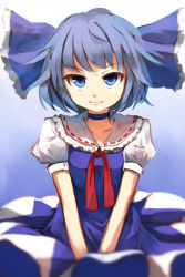 Rule 34 | 1girl, blue eyes, blue hair, blurry, bow, choker, cirno, depth of field, dress, expressionless, gradient background, hair bow, hands on lap, highres, looking at viewer, matching hair/eyes, polka dot, polka dot background, puffy short sleeves, puffy sleeves, ribbon, shone, short hair, short sleeves, solo, touhou