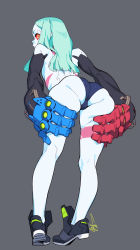 Rule 34 | 1girl, artificial eye, ass, black footwear, black panties, colored sclera, colored skin, cyberpunk (series), cyberpunk edgerunners, feguimel, from behind, full body, green hair, grey background, hands on own thighs, highres, leg tattoo, long hair, looking at viewer, looking back, mechanical arms, mechanical eye, panties, rebecca (cyberpunk), red sclera, simple background, solo, standing, straight hair, tattoo, topless, underwear, white skin