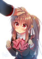Rule 34 | 1girl, ahoge, bell, black jacket, blazer, blush, bow, bowtie, brown hair, collared shirt, hair bell, hair between eyes, hair ornament, hair ribbon, hand on another&#039;s head, hano haruka, headpat, jacket, jingle bell, little busters!, long hair, long sleeves, natsume rin, pink bow, pink neckwear, ponytail, red eyes, ribbon, school uniform, shirt, sidelocks, simple background, solo focus, sparkle, tareme, white background