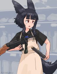 1girl animal_ears apron artist_name black_hair black_shirt blunt_bangs collared_shirt feet_out_of_frame gun highres holding holding_gun holding_magazine_(weapon) holding_weapon hozumi_sousei mac-10/11 magazine_(weapon) original red_eyes reloading shirt short_hair sidelocks simple_background standing submachine_gun sweatdrop tail tareme weapon white_apron