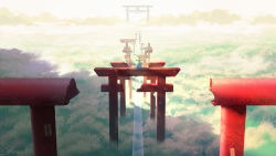 Rule 34 | 1boy, cloud, cloudy sky, commentary request, day, fantasy, hat, highres, japanese clothes, katana, original, outdoors, scenery, shuu illust, signature, sitting, sky, solo, sword, tagme, torii, very wide shot, wallpaper, weapon