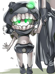 Rule 34 | 10s, 2girls, abyssal ship, bad id, bad nicoseiga id, black gloves, boots, cape, flying sweatdrops, gloves, glowing, glowing eyes, green eyes, grey hair, holding hands, hat, if they mated, kantai collection, looking at viewer, mother and daughter, multiple girls, navel, nu-class light aircraft carrier, open mouth, teeth, tokita monta, translation request, wo-class aircraft carrier, aged down