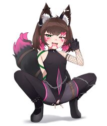 Rule 34 | animal ears, breasts, cat tail, covering privates, heterochromia, keu ken, navel, nyudachi, panties, panty pull, small breasts, squatting, tail, teasing, underwear, wolf ears, wolf tail