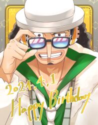 Rule 34 | 1boy, black hair, formal, grin, happy birthday, hat, highres, long nose, looking at viewer, one piece, smile, suit, sunglasses, usopp
