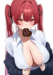 Rule 34 | 1girl, absurdres, black jacket, black ribbon, black skirt, blush, breasts, candy, chocolate, chocolate heart, collared shirt, commentary, dress shirt, fingernails, food, food in mouth, hair ribbon, happy valentine, heart, heterochromia, highres, holika baby, hololive, houshou marine, jacket, large breasts, long fingernails, long hair, long sleeves, mouth hold, off shoulder, open clothes, open jacket, partially unbuttoned, pleated skirt, red eyes, red hair, ribbon, shirt, shirt tucked in, simple background, skirt, solo, sweat, symbol-only commentary, twintails, upper body, virtual youtuber, white background, white shirt, yellow eyes