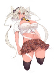 Rule 34 | 1girl, absurdres, black thighhighs, blush, breasts, brown eyes, brown skirt, cowboy shot, cropped legs, dark-skinned female, dark skin, fang, grey hair, highres, kantai collection, large breasts, long hair, musashi (kancolle), navel, open mouth, plaid, plaid skirt, pleated skirt, pointy hair, ryo (tg290), sarashi, short sleeves, simple background, skin fang, skirt, solo, thighhighs, two side up, white background