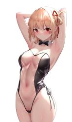 Rule 34 | 1girl, absurdres, armpits, arms up, bare arms, bare shoulders, black bow, black bowtie, blonde hair, blush, bow, bowtie, breasts, covered navel, cowboy shot, detached collar, fake tail, gweda, hair ribbon, highleg, highleg leotard, highres, legs together, leotard, looking at viewer, lycoris recoil, maebari, medium breasts, meme attire, nishikigi chisato, nontraditional playboy bunny, one side up, rabbit tail, red eyes, revision, ribbon, see-through, see-through leotard, short hair, simple background, solo, tail, translucent bunnysuit, white background
