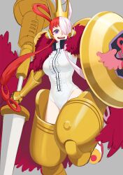 Rule 34 | 1girl, artist request, breasts, crown, feather trim, hair over one eye, hair rings, headphones, holding, holding weapon, large breasts, leotard, long hair, multicolored hair, one piece, polearm, purple eyes, red hair, shield, split-color hair, two-tone hair, uta (one piece), very long hair, weapon, white hair, white leotard, wide hips