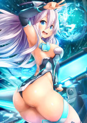 Rule 34 | 1girl, arm up, armpits, ass, bare back, black panties, blue eyes, blush, breasts, character request, choker, cowboy shot, detached sleeves, earth (planet), eyelashes, floating hair, glowing, hair between eyes, highres, huge ass, large breasts, light particles, long hair, looking at viewer, looking back, ooyama kina, panties, phantasy star, phantasy star online 2, planet, purple hair, sideboob, silver hair, skindentation, solo, strapless, thighhighs, underwear, w, watermark, web address