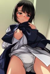 Rule 34 | 1girl, absurdres, black hair, blue skirt, blush, brown eyes, clothes lift, from below, hair ornament, half-closed eyes, highres, indoors, lifting own clothes, long sleeves, looking at viewer, looking down, matsunaga kouyou, nose blush, original, panties, parted bangs, parted lips, pleated skirt, shirt, skirt, skirt lift, sleeves past wrists, solo, standing, underwear, white panties, white shirt