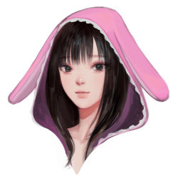 Rule 34 | 1girl, animal hood, bad id, bad twitter id, black eyes, black hair, closed mouth, commentary, dead by daylight, english commentary, feng min, highres, hood, hood up, hoodie, long hair, looking at viewer, oyabuli, pink hoodie, portrait, simple background, smile, solo, white background
