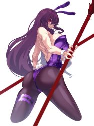 Rule 34 | 1girl, animal ears, ass, back, blush, breasts, detached collar, fake animal ears, fate/grand order, fate (series), fishnet pantyhose, fishnets, gae bolg (fate), hair between eyes, highleg, highleg leotard, highres, holding, holding polearm, holding spear, holding weapon, large breasts, leotard, long hair, looking at viewer, official alternate costume, pantyhose, parted lips, playboy bunny, polearm, purple hair, purple leotard, rabbit ears, rabbit tail, red eyes, scathach (fate), scathach (piercing bunny) (fate), simple background, smile, spear, tail, thighs, volyz, weapon, white background, wrist cuffs