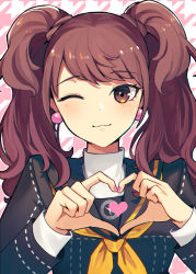 Rule 34 | 1girl, :3, black sailor collar, blush, brown eyes, brown hair, closed mouth, commentary, earrings, english commentary, heart, heart hands, highres, jewelry, kujikawa rise, kuki tan, long sleeves, looking back, neckerchief, one eye closed, persona, persona 4, sailor collar, school uniform, serafuku, smile, solo, turtleneck, twintails, upper body, yasogami school uniform, yellow neckerchief
