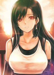 Rule 34 | 1girl, black hair, breasts, closed mouth, collarbone, earrings, final fantasy, final fantasy vii, final fantasy vii remake, hair between eyes, highres, jewelry, large breasts, long hair, looking at viewer, red eyes, solo, sparkle, square enix, tank top, tifa lockhart, upper body, very long hair, yano takumi