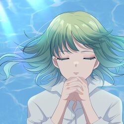 Rule 34 | 1girl, absurdres, closed eyes, collared shirt, commission, expressionless, green hair, gumi, highres, kamikawa celery, long hair, own hands clasped, own hands together, pixiv commission, popped collar, shirt, solo, upper body, vocaloid, water