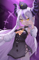 Rule 34 | 1girl, animal, animal on head, armpits, ascot, bare shoulders, bird, bird on head, black dress, blush, braid, breasts, commentary, cowboy shot, crow (la+ darknesss), demon girl, demon horns, detached sleeves, dress, highres, hololive, holox, horns, la+ darknesss, la+ darknesss (1st costume), long hair, looking at viewer, mishuo (misuo69421), multicolored hair, no panties, on head, pointy ears, purple background, purple hair, purple legwear, silver hair, single leg pantyhose, skindentation, sleeveless, sleeveless dress, small breasts, smile, solo, standing, streaked hair, symbol-only commentary, thighs, very long hair, virtual youtuber, yellow ascot, yellow eyes