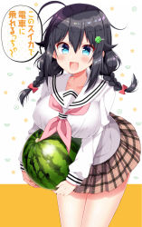 Rule 34 | 1girl, :d, ahoge, black hair, blue eyes, blush, bow, braid, breast rest, breasts, brown skirt, clover hair ornament, collarbone, commentary request, cowboy shot, fang, floral background, food, four-leaf clover hair ornament, fruit, fruit background, hair between eyes, hair bow, hair flaps, hair ornament, hairclip, head tilt, highres, holding, holding food, holding fruit, large breasts, leaning forward, legs together, long hair, long sleeves, looking at viewer, low twintails, miniskirt, neckerchief, open mouth, original, pink neckerchief, plaid, plaid skirt, pleated skirt, red bow, school uniform, serafuku, sidelocks, skirt, smile, solo, speech bubble, standing, star (symbol), starry background, talking, translation request, tsukudani norio, twin braids, twintails, watermelon, white background