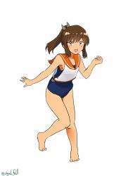 Rule 34 | 1girl, absurdres, barefoot, blue one-piece swimsuit, brown eyes, brown hair, full body, hair ornament, highres, i-401 (kancolle), kantai collection, medium hair, old school swimsuit, one-hour drawing challenge, one-piece swimsuit, orange sailor collar, ponytail, robinson (day l full), sailor collar, sailor shirt, school swimsuit, shirt, side-tie shirt, simple background, sleeveless, sleeveless shirt, solo, standing, swimsuit, swimsuit under clothes, tan, white background