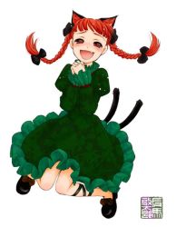 Rule 34 | 1girl, animal ears, arima keitarou, bow, braid, cat ears, cat girl, cat tail, dress, fang, female focus, full body, hair bow, kaenbyou rin, multiple hair bows, multiple tails, red eyes, red hair, simple background, solo, tail, touhou, twin braids, white background