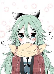 Rule 34 | 1girl, alternate costume, aqua eyes, black ribbon, blue neckerchief, blush, earmuffs, floral print, green hair, hair between eyes, hair ornament, hair ribbon, hairclip, hikobae, jacket, kantai collection, long hair, neckerchief, open clothes, open jacket, red jacket, ribbon, scarf, scarf over mouth, solo, tareme, translation request, upper body, very long hair, yamakaze (kancolle), yellow scarf