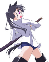 Rule 34 | 00s, 1girl, animal ears, black hair, holding sword, kanata (pixiv), kanata (sentiment), no pants, one-piece swimsuit, ponytail, sakamoto mio, school swimsuit, solo, strike witches, swimsuit, swimsuit under clothes, sword, tail, weapon, world witches series