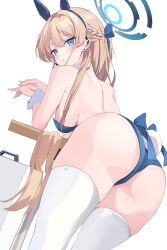 Rule 34 | 1girl, :o, absurdres, animal ears, ass, backless leotard, bare shoulders, blonde hair, blue archive, blue bow, blue eyes, blue hairband, blue leotard, bow, bowtie, braid, breasts, briefcase, detached collar, ear piercing, earpiece, fake animal ears, fake tail, from behind, hairband, halo, hido (cherryhido), highleg, highleg leotard, highres, leaning on table, leotard, long hair, medium breasts, microphone, official alternate costume, official alternate hairstyle, piercing, playboy bunny, rabbit ears, rabbit tail, sideboob, solo, tail, thighhighs, thighs, toki (blue archive), toki (bunny) (blue archive), very long hair, white thighhighs, wrist cuffs