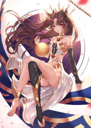 Rule 34 | 1girl, anklet, armlet, asymmetrical clothes, asymmetrical legwear, backlighting, bare shoulders, black hair, black ribbon, crossed legs, crown, earrings, elbow gloves, fate/grand order, fate (series), full body, gloves, gold trim, hair ribbon, highres, hoop earrings, ishtar (fate), jewelry, legs, looking at viewer, momingie, neck ring, open mouth, parted bangs, planet, red eyes, ribbon, shiny skin, single elbow glove, toeless legwear, tohsaka rin, two side up, uneven legwear