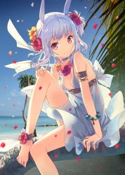 Rule 34 | 1girl, animal ears, ankleband, anklet, arm support, armband, barefoot, braid, breasts, choker, cleavage, djmax, djmax portable, djmax technika, dress, flower, flower necklace, h2so4, hair flower, hair ornament, jewelry, leg up, lots of jewelry, necklace, one side up, original, palm tree, rabbit ears, red eyes, sitting, small breasts, smile, solo, strap gap, suee, tree, white dress, white hair