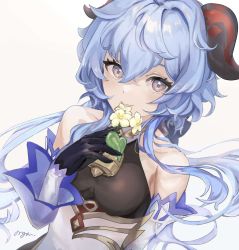 Rule 34 | bare shoulders, bell, black gloves, blue hair, blush, bow, bowtie, breasts, detached sleeves, flower, ganyu (genshin impact), genshin impact, gloves, gold trim, highres, holding, holding flower, horns, long hair, looking at viewer, medium breasts, neck bell, nonori i, qingxin flower, sidelocks, signature, solo, white background, white flower, white sleeves