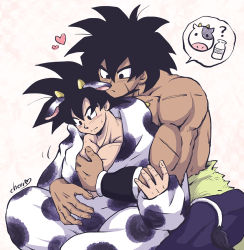 Rule 34 | 2boys, animal costume, animal ears, animal print, bare pectorals, black eyes, black hair, blush, bottle, broly (dragon ball super), cherry (cherrymoon26), chinese zodiac, couple, cow, cow boy, cow costume, cow ears, cow horns, cow print, dark skin, dark-skinned male, dragon ball, dragon ball super, feet out of frame, grabbing, happy new year, horns, interracial, crossed legs, male focus, mature male, milk bottle, multiple boys, muscular, muscular male, new year, open clothes, pectoral grab, pectorals, short hair, sitting, son goku, spiked hair, year of the ox