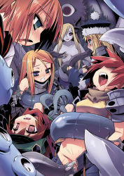 Rule 34 | 6+girls, :&gt;=, :d, ahegao, armor, atlus, bare shoulders, blonde hair, blue eyes, blue skin, blush, breasts, brown hair, censored, clenched teeth, clothed sex, clothes pull, colored skin, convenient censoring, crop top, defeat, empty eyes, etrian odyssey, everyone, faceless, fantasy, fellatio, fucked silly, fur trim, gauntlets, green eyes, groin, group sex, gunner (sekaiju), hair over eyes, hair over one eye, hat, large breasts, long hair, medic (sekaiju), medium breasts, midriff, monster girl, multiple girls, naughty face, navel, no panties, nude, open fly, open mouth, oral, orange hair, paladin (sekaiju), paladin 2 (sekaiju), pink eyes, ranger (sekaiju), ranger 2 (sekaiju), rape, red eyes, red hair, redrantem, restrained, sailor collar, saliva, scarf, short hair, shorts, shorts pull, sidelocks, slime (substance), smile, spread legs, swordsman (sekaiju), swordsman 2 (sekaiju), tears, teeth, tentacles, tomoshibi hidekazu, tongue, torn clothes, turtleneck, unzipped, yuri