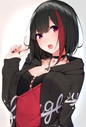 Rule 34 | 1girl, bang dream!, black bra, black choker, black hair, black jacket, bra, breasts, chain, chain necklace, choker, cleavage, clothes writing, collarbone, eyebrows, hand up, highres, hood, hoodie, jacket, jewelry, long sleeves, looking at viewer, medium breasts, mitake ran, multicolored hair, multicolored nails, nail polish, necklace, open mouth, pendant, red eyes, red shirt, shirt, short hair, solo, splatter print, streaked hair, twirling hair, underwear, upper body, white background, yukichi (sukiyaki39)